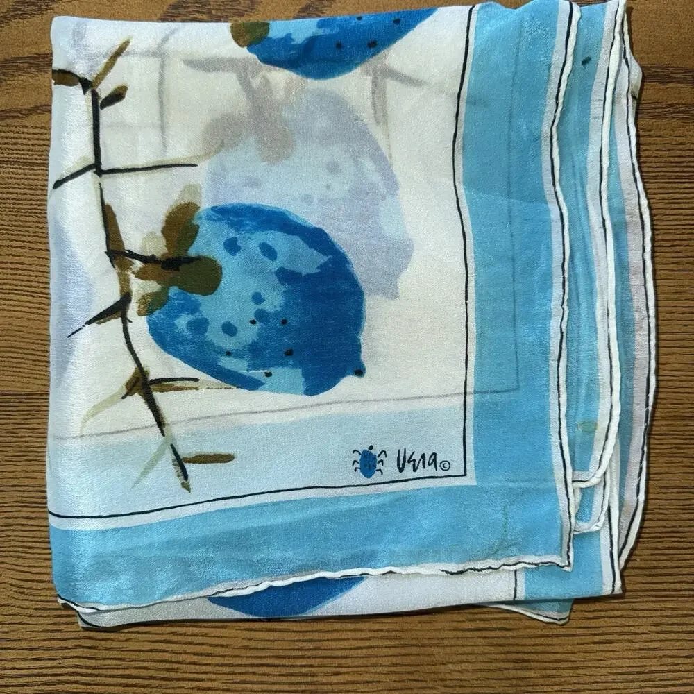 Vintage Vera Neumann Silk Scarf Hand Rolled Blue Floral Ladybug 29” Square